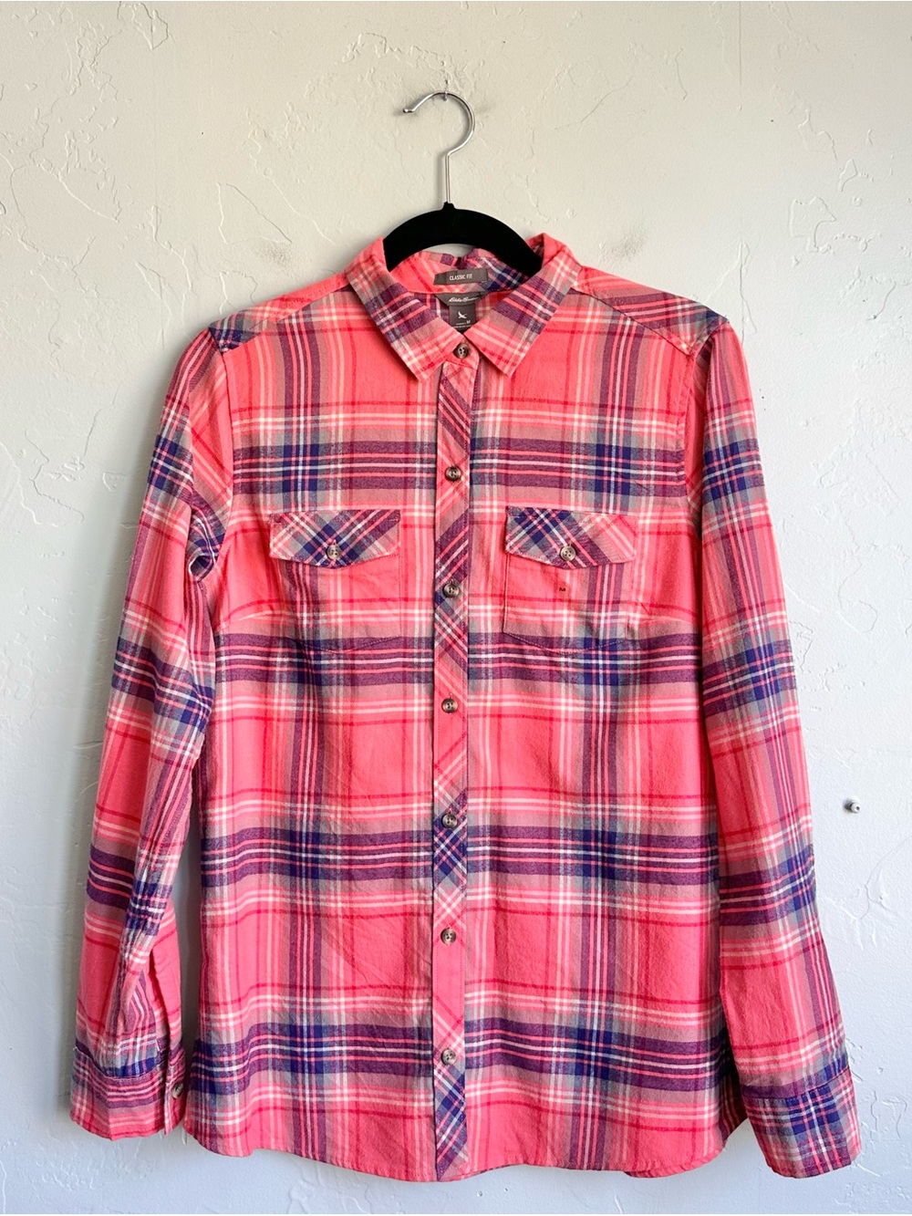 NWT Eddie Bauer Women Coral Plaid Long Sleeve Flannel Shirt Medium Camp Gorpcore